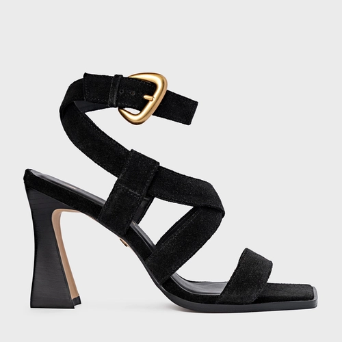 Sandália Tiras Salto Wave Couro Suede Preto