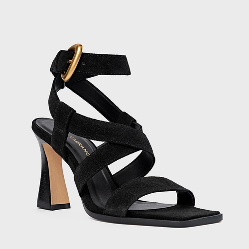 Sandália Tiras Salto Wave Couro Suede Preto