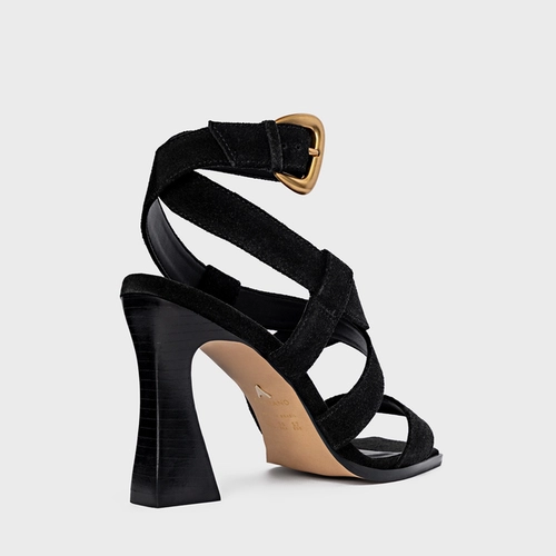 Sandália Tiras Salto Wave Couro Suede Preto