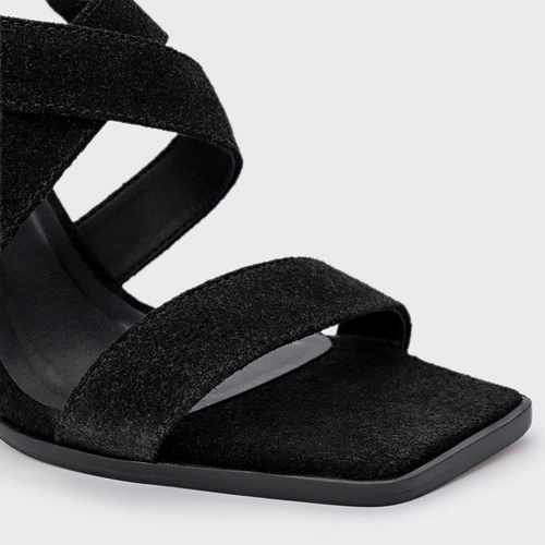 Sandália Tiras Salto Wave Couro Suede Preto