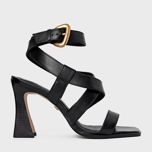 Sandália Tiras Salto Wave Couro Preto