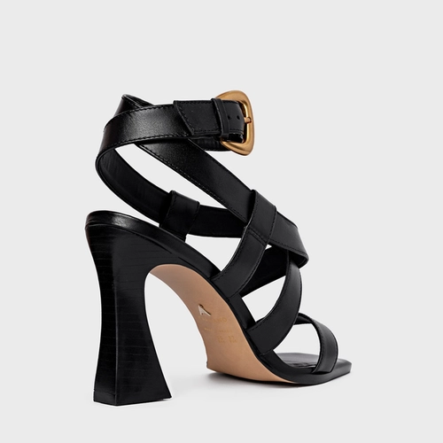 Sandália Tiras Salto Wave Couro Preto