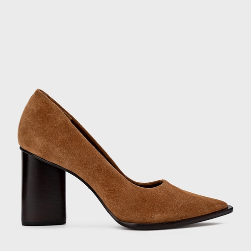 Scarpin Olga Salto Oval Couro Suede Marrom Saddle