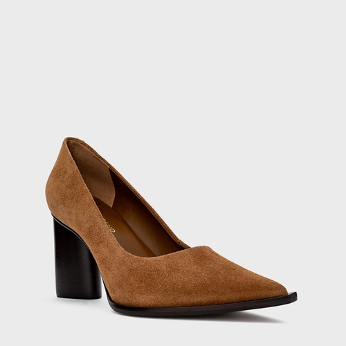 Scarpin Olga Salto Oval Couro Suede Marrom Saddle