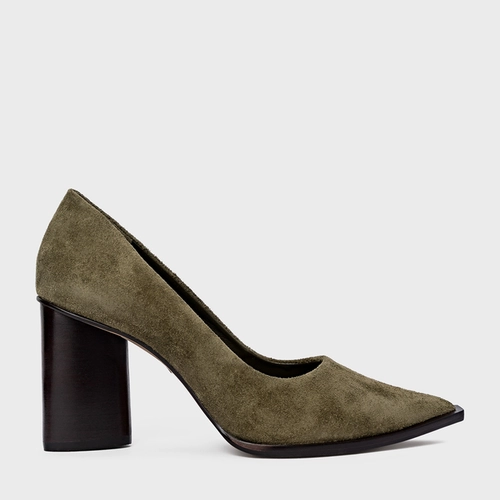 Scarpin Olga Salto Oval Couro Suede Verde Army Green