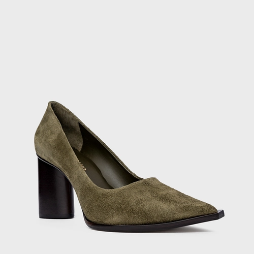Scarpin Olga Salto Oval Couro Suede Verde Army Green