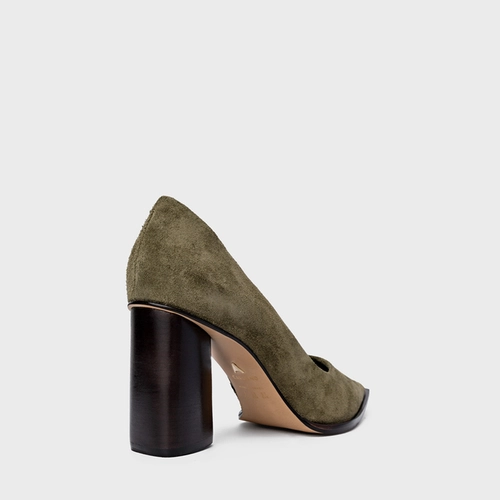 Scarpin Olga Salto Oval Couro Suede Verde Army Green