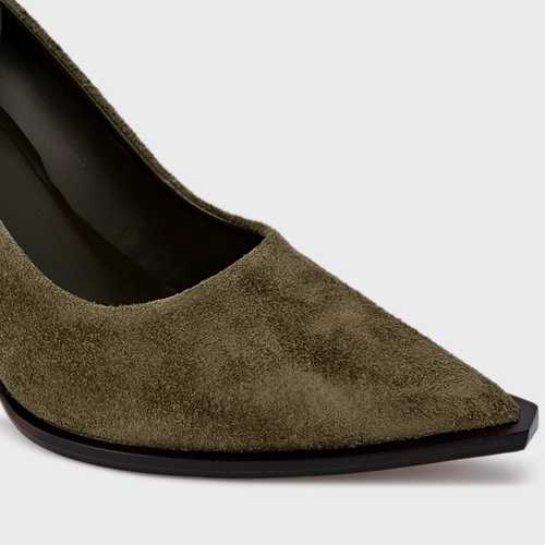 Scarpin Olga Salto Oval Couro Suede Verde Army Green