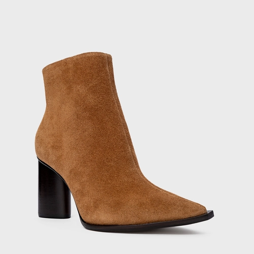 Bota Bico Fino Salto Oval Couro Suede Marrom Saddle