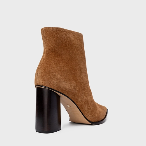 Bota Bico Fino Salto Oval Couro Suede Marrom Saddle