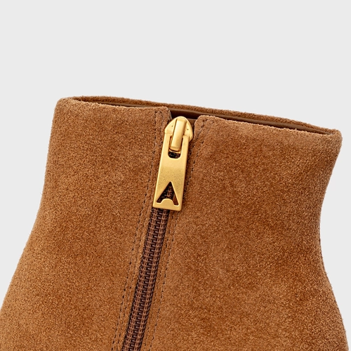 Bota Bico Fino Salto Oval Couro Suede Marrom Saddle