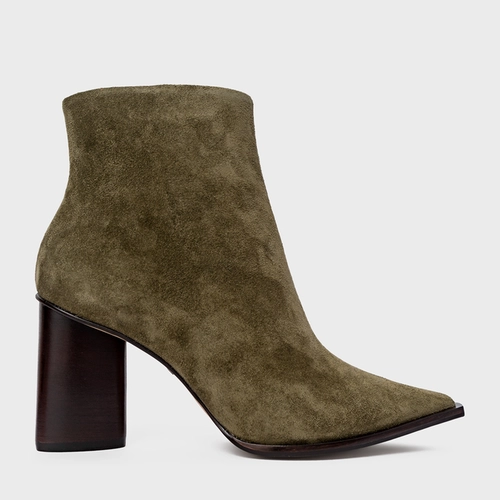 Bota Bico Fino Salto Oval Couro Suede Verde Army Green