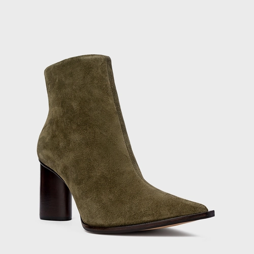 Bota Bico Fino Salto Oval Couro Suede Verde Army Green