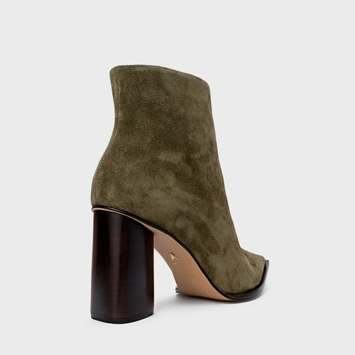 Bota Bico Fino Salto Oval Couro Suede Verde Army Green