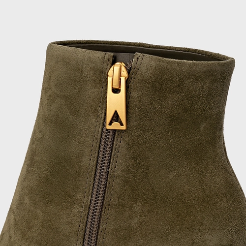 Bota Bico Fino Salto Oval Couro Suede Verde Army Green