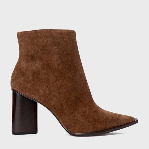 Bota Bico Fino Salto Oval Couro Suede Marrom Brownie