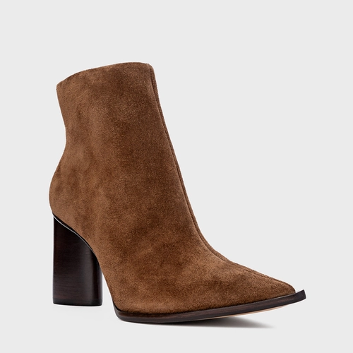 Bota Bico Fino Salto Oval Couro Suede Marrom Brownie