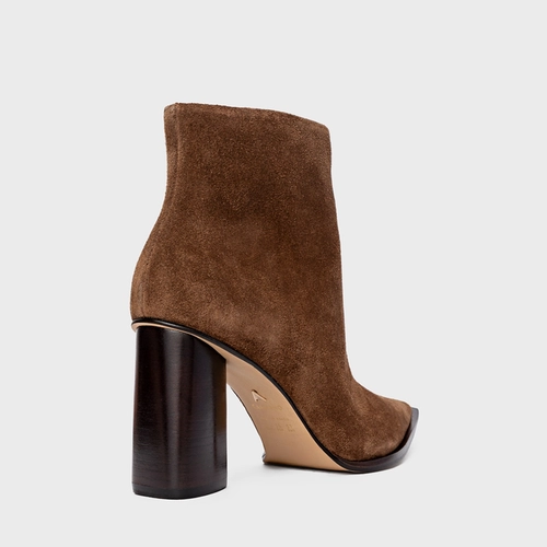 Bota Bico Fino Salto Oval Couro Suede Marrom Brownie