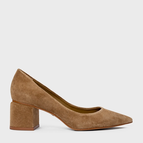 Scarpin Serena Salto Bloco Couro Suede Bege Almond