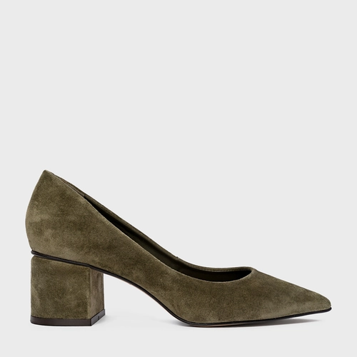 Scarpin Serena Salto Bloco Couro Suede Verde Army Green