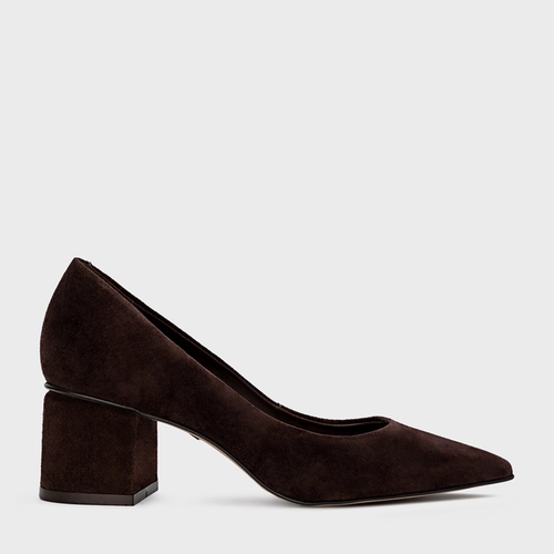 Scarpin Serena Salto Bloco Couro Suede Marrom Ganache