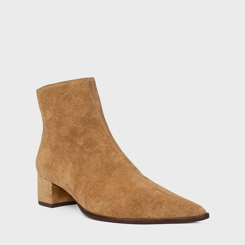 Bota Classic Bico Fino Salto Bloco Couro Suede Bege Almond