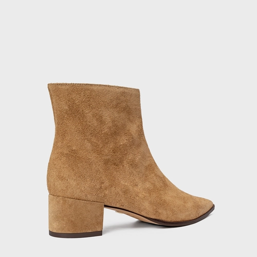 Bota Classic Bico Fino Salto Bloco Couro Suede Bege Almond