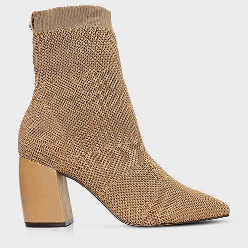 Bota Meia Salto Bloco Alto Knit Bege Almond