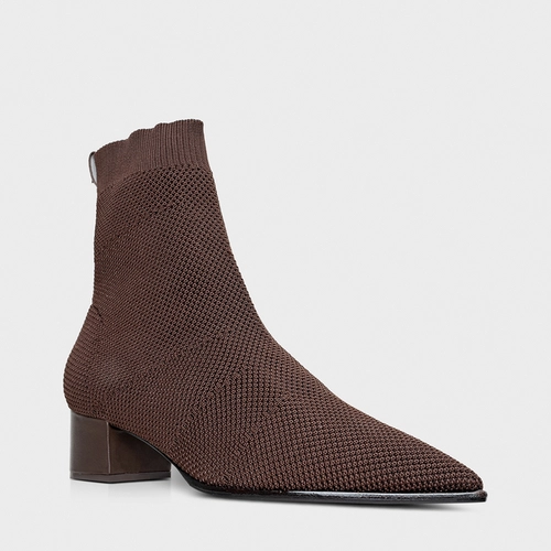 Bota Meia Salto Bloco Knit Marrom Dark Brown