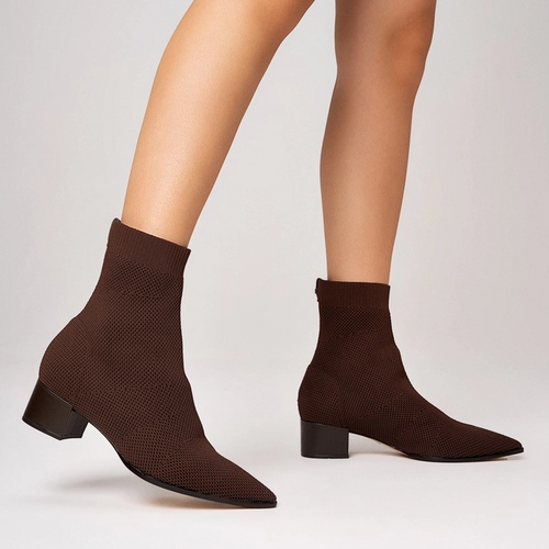 Bota Meia Salto Bloco Knit Marrom Dark Brown