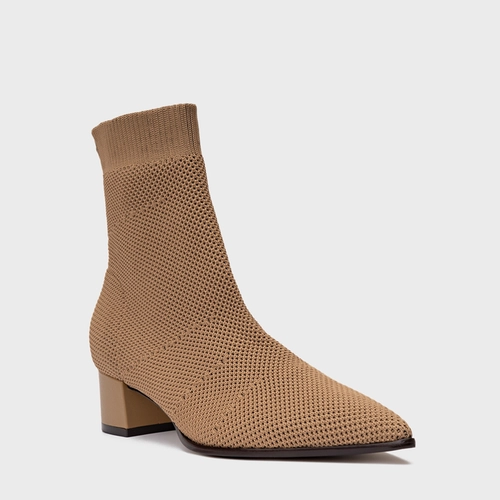Bota Meia Salto Bloco Knit Bege Almond