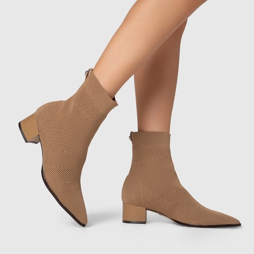 Bota Meia Salto Bloco Knit Bege Almond