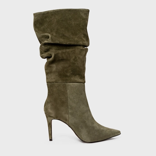 Bota Slouchy Cano Alto Salto Fino Couro Suede Verde Army Green