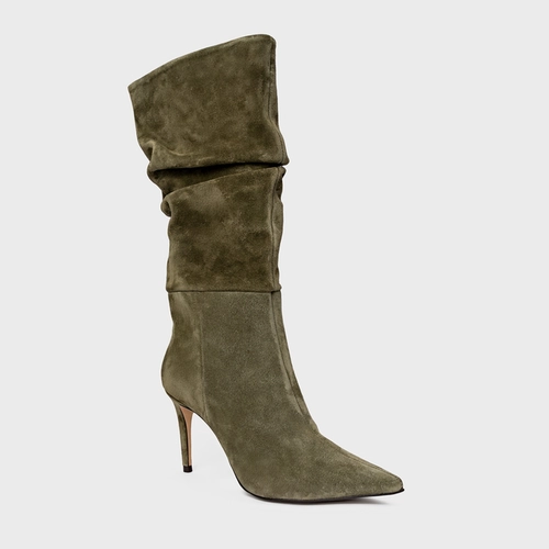 Bota Slouchy Cano Alto Salto Fino Couro Suede Verde Army Green