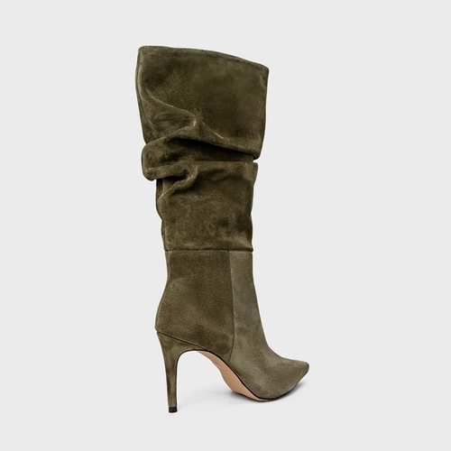 Bota Slouchy Cano Alto Salto Fino Couro Suede Verde Army Green
