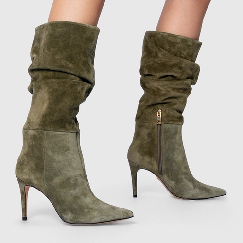 Bota Slouchy Cano Alto Salto Fino Couro Suede Verde Army Green