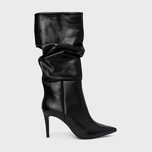 Bota Slouchy Cano Alto Salto Fino Couro Preto