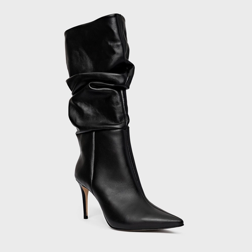 Bota Slouchy Cano Alto Salto Fino Couro Preto