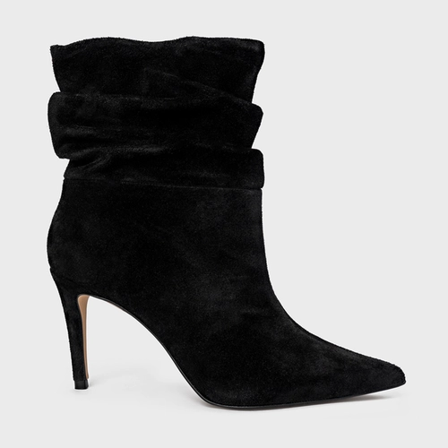 Bota Slouchy Salto Fino Couro Suede Preto