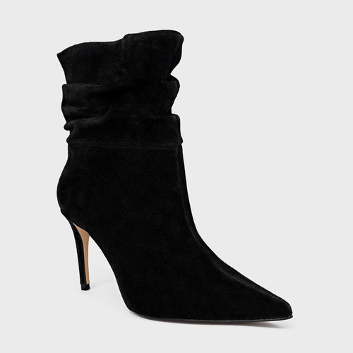 Bota Slouchy Salto Fino Couro Suede Preto