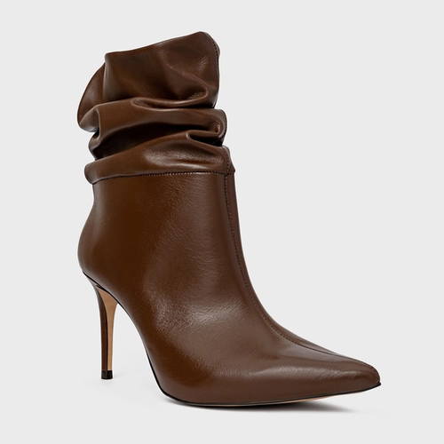 Bota Slouchy Salto Fino Couro Marrom Brownie