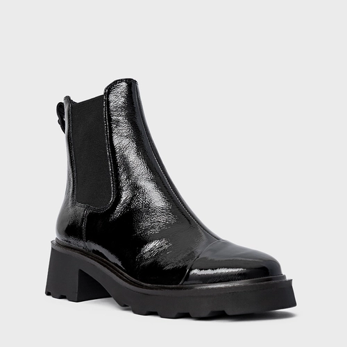 Bota Coturno Chelsea Tratorada Couro Verniz Preto