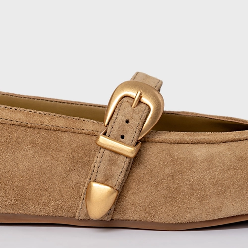 Sapatilha Detalhe Fivela Couro Suede Bege Almond