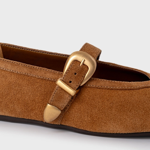 Sapatilha Detalhe Fivela Couro Suede Marrom Saddle