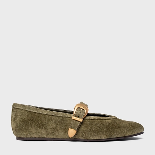 Sapatilha Detalhe Fivela Couro Suede Verde Army Green