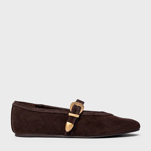 Sapatilha Detalhe Fivela Couro Suede Marrom Ganache