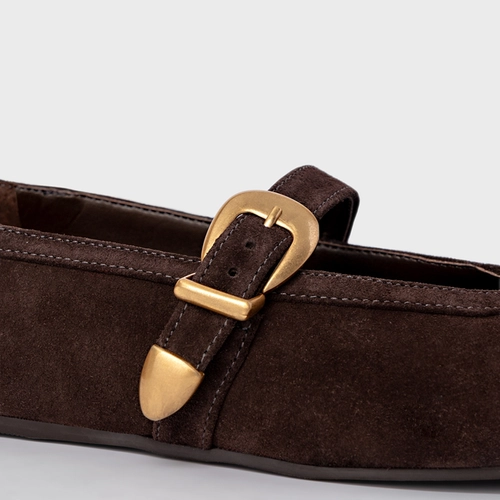 Sapatilha Detalhe Fivela Couro Suede Marrom Ganache