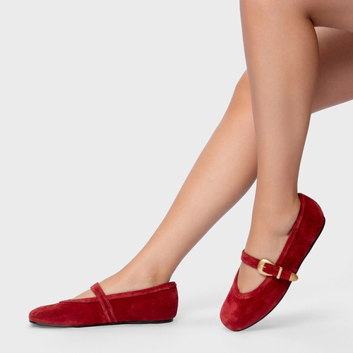 Sapatilha Detalhe Fivela Couro Suede Vermelho Malbec