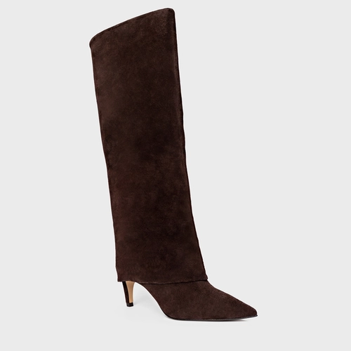 Bota Capa Cano Alto Salto Fino Couro Suede Marrom Ganache