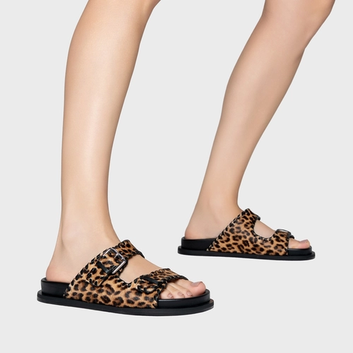 Flat Papete Birken Detalhe Costura Pelo Animal Print Honey
